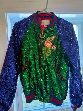 Gucci Sequin Floral Bomber Jacket - Green & Blue